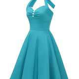 1950S Turquoise Halter Neck Button Detail Vintage Dress