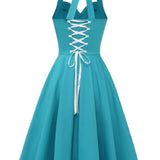 1950S Turquoise Halter Neck Button Detail Vintage Dress
