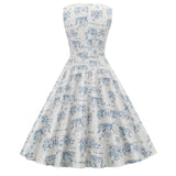 1950S White and Blue Print Sleeveless Vintage Dress