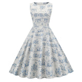 1950S White and Blue Print Sleeveless Vintage Dress