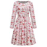 1950s White Christmas Print Long Sleeve Vintage Dress