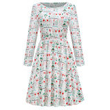 1950s White Christmas Print Long Sleeve Vintage Dress