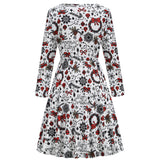 1950s White Christmas Print Long Sleeve Vintage Dress