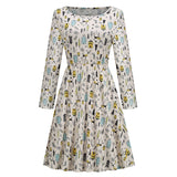 1950s White Christmas Print Long Sleeve Vintage Dress