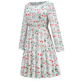 1950s White Christmas Print Long Sleeve Vintage Dress