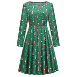 1950s White Christmas Print Long Sleeve Vintage Dress