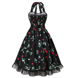 1950S White Halter Neck Butterfly Print Belted Vintage Dress