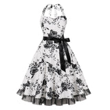 1950S White Halter Neck Butterfly Print Belted Vintage Dress