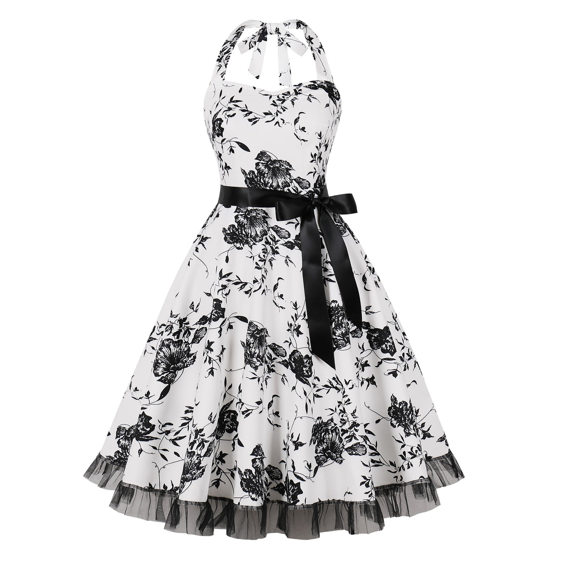 1950S White Halter Neck Butterfly Print Belted Vintage Dress