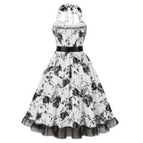 1950S White Halter Neck Butterfly Print Belted Vintage Dress