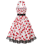 1950S White Halter Neck Butterfly Print Belted Vintage Dress