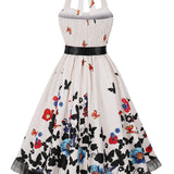 1950S White Halter Neck Butterfly Print Belted Vintage Dress