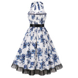 1950S White Halter Neck Butterfly Print Belted Vintage Dress