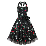 1950S White Halter Neck Butterfly Print Belted Vintage Dress