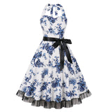1950S White Halter Neck Butterfly Print Belted Vintage Dress