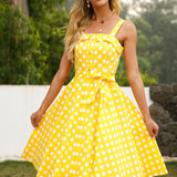 1950S Yellow Polka Dot Spaghetti Strap Belted Vintage Dress