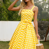 1950S Yellow Polka Dot Spaghetti Strap Belted Vintage Dress