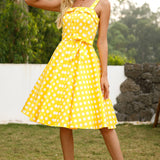 1950S Yellow Polka Dot Spaghetti Strap Belted Vintage Dress