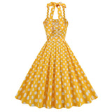 1950S Yellow Retro Polka Dot Halter Belted Vintage Dress