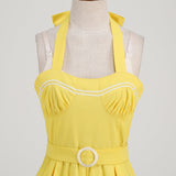 1950S Yellow Retro Polka Dot Halter Belted Vintage Dress