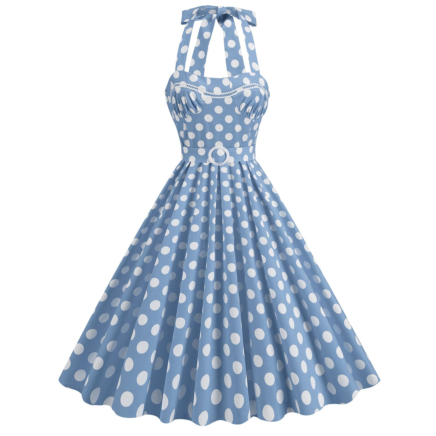1950S Yellow Retro Polka Dot Halter Belted Vintage Dress