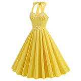 1950S Yellow Retro Polka Dot Halter Belted Vintage Dress