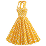 1950S Yellow Retro Polka Dot Halter Belted Vintage Dress