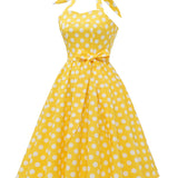 1950S Yellow Retro Polka Dot Halter Neck Belted Vintage Dress