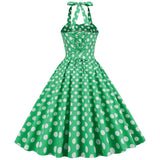 1950S Yellow Retro Polka Dot Halter Neck Belted Vintage Dress