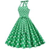 1950S Yellow Retro Polka Dot Halter Neck Belted Vintage Dress