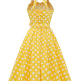 1950S Yellow Retro Polka Dot Halter Neck Belted Vintage Dress