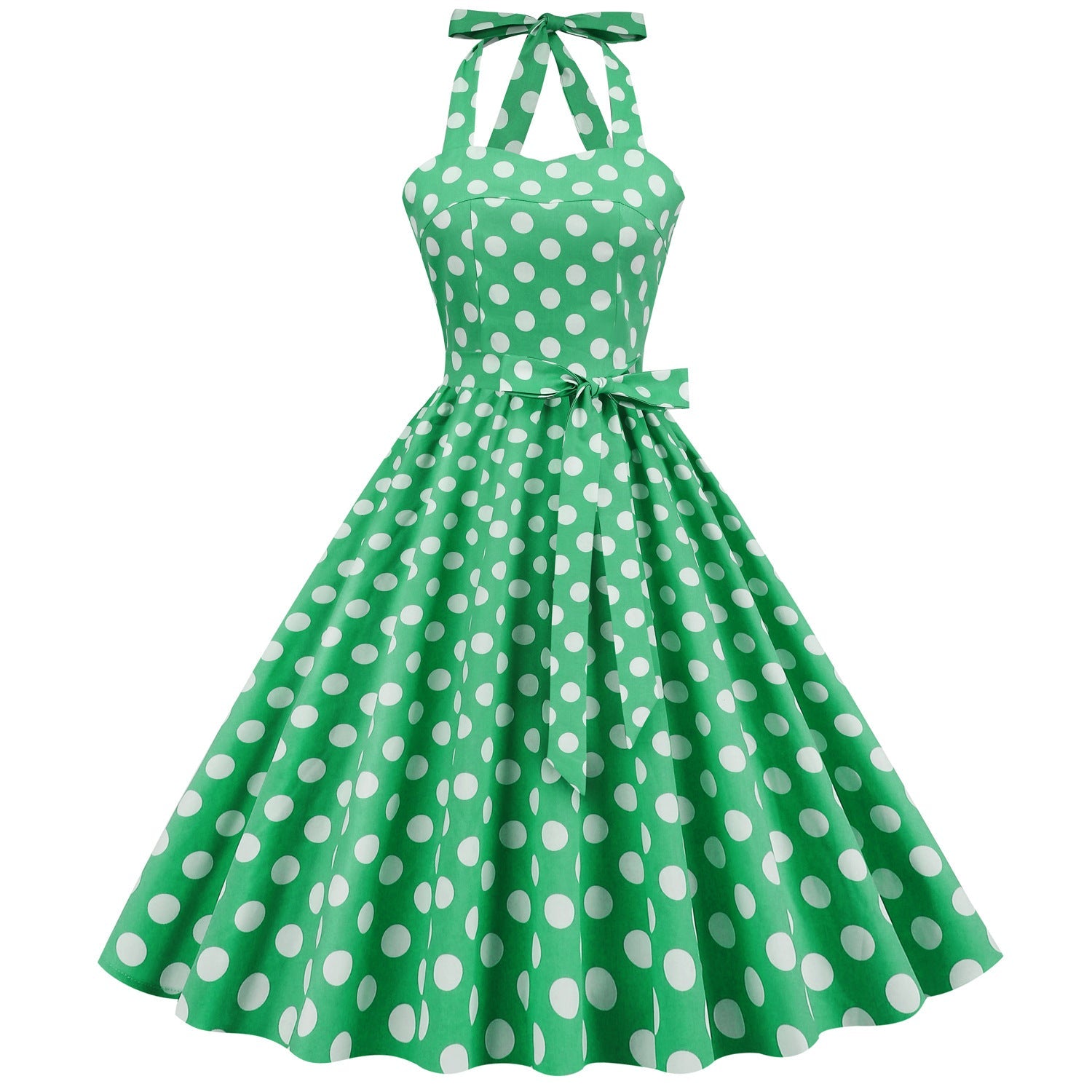 1950S Yellow Retro Polka Dot Halter Neck Belted Vintage Dress