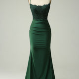 Mermaid Halter Dark Green Long Prom Dress with Appliques Beading
