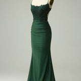 Mermaid Halter Dark Green Long Prom Dress with Appliques Beading