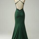 Mermaid Halter Dark Green Long Prom Dress with Appliques Beading