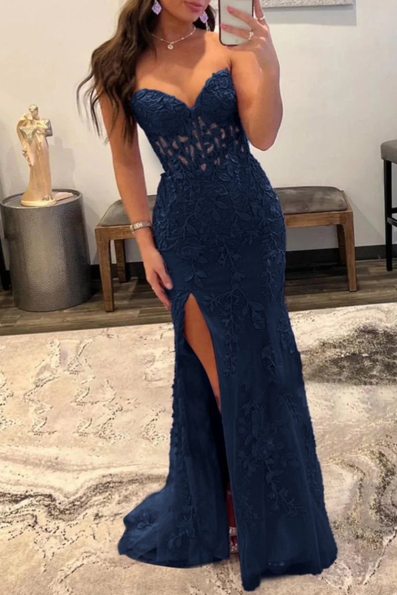 Luma | Hot Pink Mermaid Strapless Corset Lace Long Prom Dress with Slit