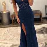 Luma | Hot Pink Mermaid Strapless Corset Lace Long Prom Dress with Slit