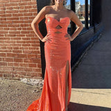 Mira | Mermaid Glitter Sweetheart Red Cut-out Beaded Long Prom Dress with Slit