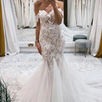Ivory Off the Shoulder Long Lace Mermaid Wedding Dress