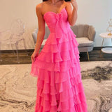 Lira | Hot Pink Chiffon Sweetheart Tiered Ruffles Prom Dress with Slit