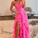 Lira | Hot Pink Chiffon Sweetheart Tiered Ruffles Prom Dress with Slit
