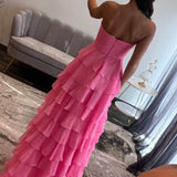 Lira | Hot Pink Chiffon Sweetheart Tiered Ruffles Prom Dress with Slit