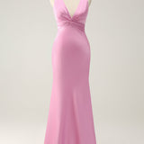 Pink Mermaid V Neck Satin Long Bridesmaid Dress