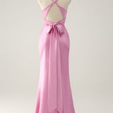 Pink Mermaid V Neck Satin Long Bridesmaid Dress