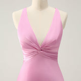 Pink Mermaid V Neck Satin Long Bridesmaid Dress