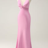 Pink Mermaid V Neck Satin Long Bridesmaid Dress