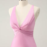 Pink Mermaid V Neck Satin Long Bridesmaid Dress