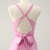 Pink Mermaid V Neck Satin Long Bridesmaid Dress