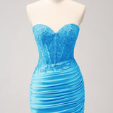 Lilac Strapless Corset Pleated Tight Homecoming Dress with Appliques