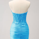 Lilac Strapless Corset Pleated Tight Homecoming Dress with Appliques